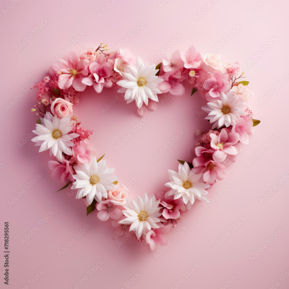 Floral heart frame. Heart-shaped pink flowers frame on pink background for Valentine's Day or Mother's Day. Flat lay.