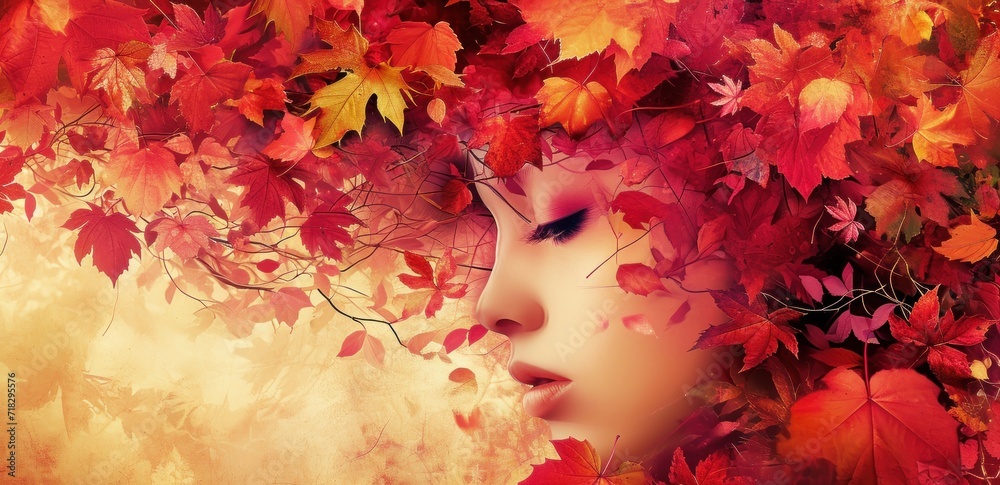 a painting of a woman's face with autumn leaves on her head and behind her is a painting of a woman's face with leaves on her face. a painting of a woman's face with autumn leaves on her head and behind her is a painting of a woman's face with leaves on her face.