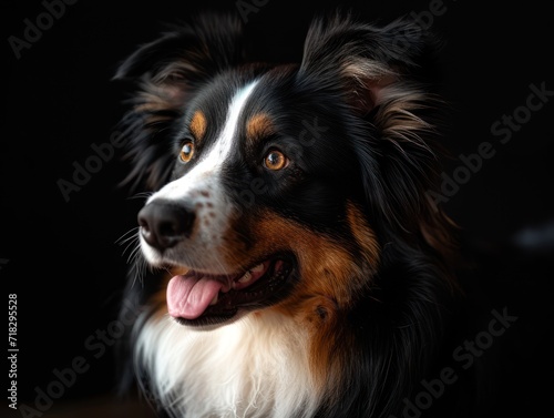  a close up of a dog's face with it's tongue out and it's tongue hanging out and it's eyes wide open, on a black background.