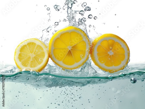 Lemon slice in water against white background