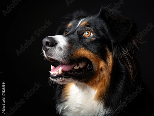  a close up of a dog's face with it's mouth open and it's tongue hanging out with it's mouth wide open, on a black background.