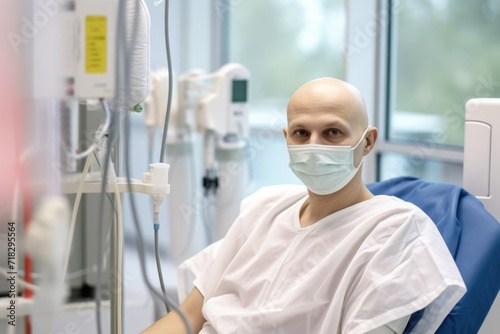 Bald man with cancer wearing mask during chemotherapy session in hospital