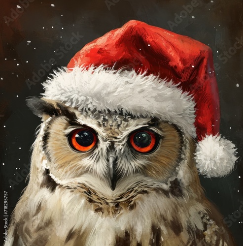  a painting of an owl wearing a santa hat with snow flakes on it's head and a red and white snowflaken hat on it's head. photo