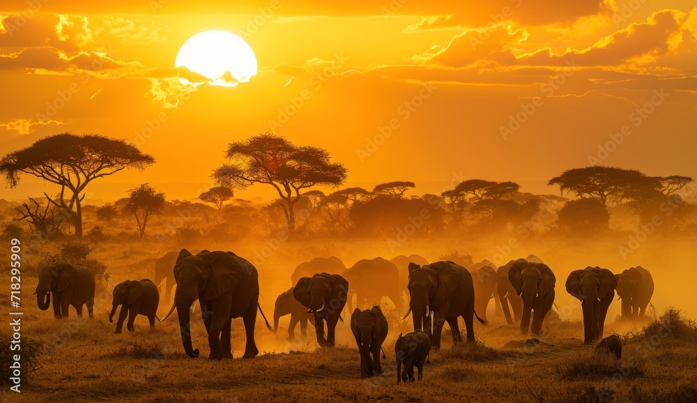  a herd of elephants walking across a dry grass field under a cloudy sky with the sun setting in the distance in the distance, with trees in the foreground.