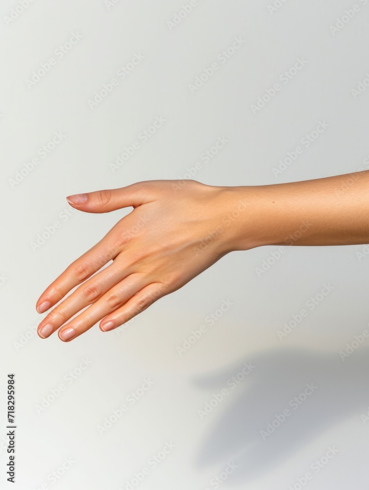 Female hand on empty white background