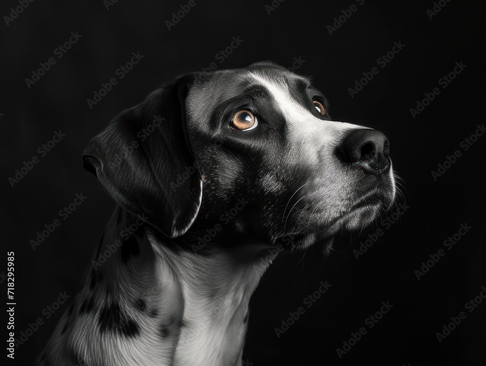  a close up of a dog's face with a black and white dog's head in the foreground and a black background with a white spot in the middle.