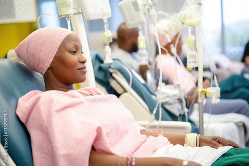 African american cancer patients receiving chemotherapy treatment in a hospital.