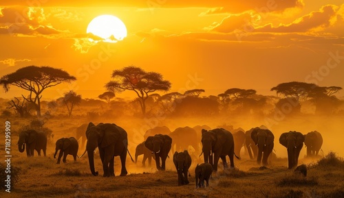  a herd of elephants walking across a dry grass field under a cloudy sky with the sun setting in the distance in the distance, with trees in the foreground.