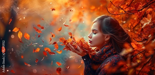  a woman standing in front of a tree with lots of orange leaves flying in the air and her hands in front of her face, in front of a backdrop of a tree with falling leaves.