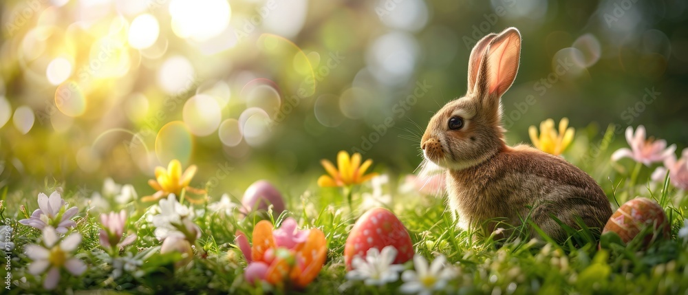 a small rabbit sitting in a field of grass with flowers in the foreground and a blurry background of the grass and flowers in the middle of the foreground. a small rabbit sitting in a field of grass with flowers in the foreground and a blurry background of the grass and flowers in the middle of the foreground.