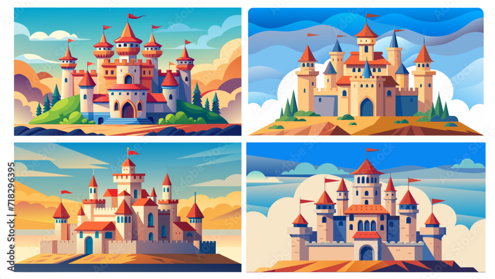 Fairy tale castles at different times of day, vector illustration set