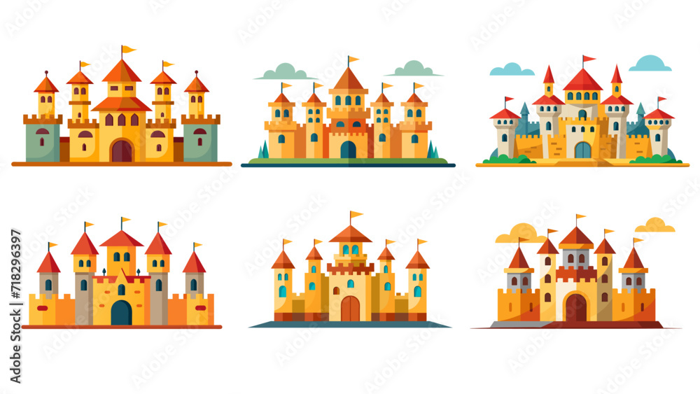 Colorful fairytale castles vector illustration set on white background - obrazy, fototapety, plakaty 