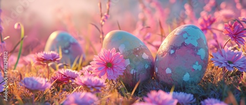  a group of eggs sitting on top of a lush green field filled with pink and white flowers on top of a lush green field covered in grass covered with pink daisies.