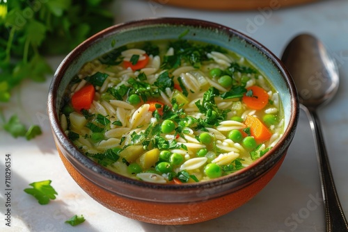 Spring vegetables and orzo in lemon vegetable broth.