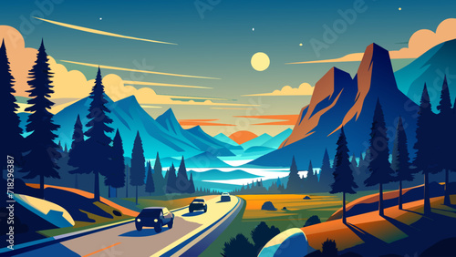 Scenic mountain road trip at sunset with vibrant landscape vector illustration