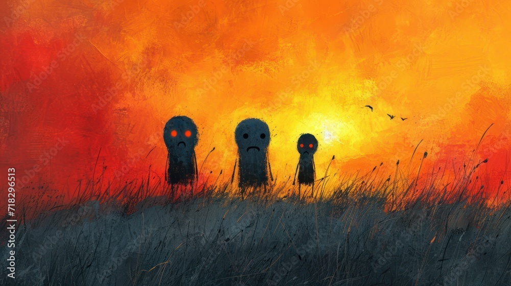  a painting of three creepy faces standing in a field of tall grass with a bright orange sky in the background and a bird flying over the top of the painting. - obrazy, fototapety, plakaty 