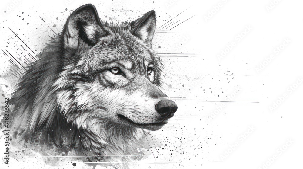  a black and white photo of a wolf's head with a splash of paint on it's back and a splash of paint on the front of the back of the wolf's head.