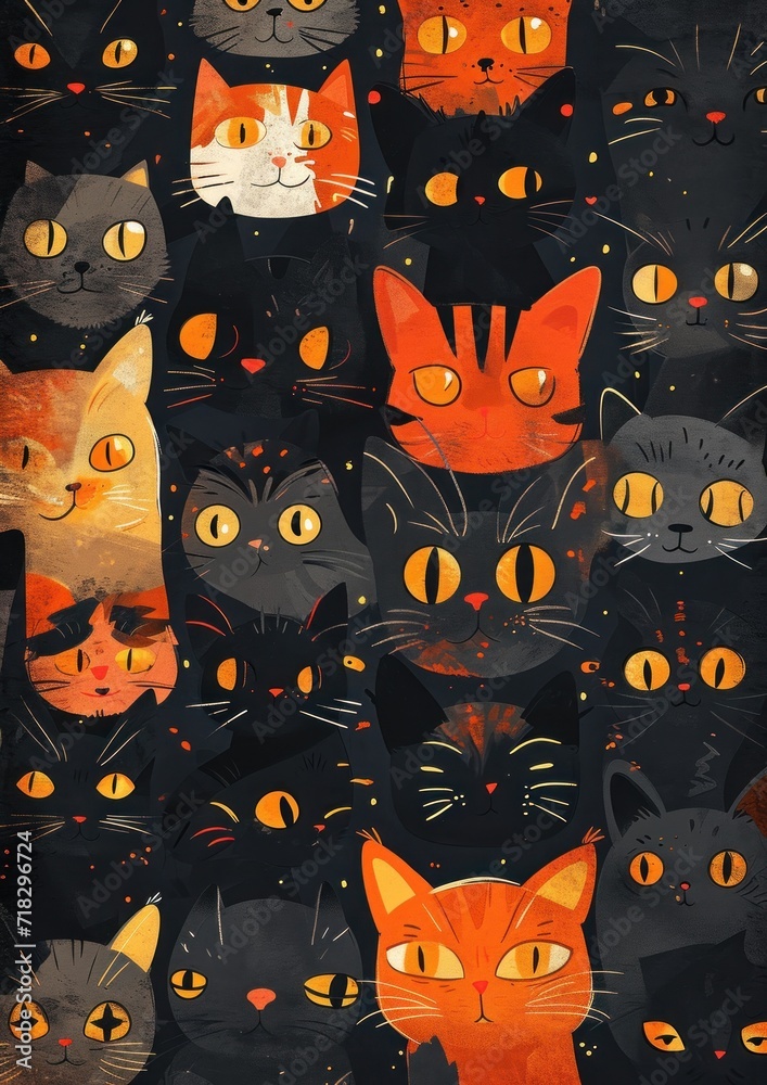 a group of cats with orange eyes and black cats with orange eyes and black cats with orange eyes and black cats with orange eyes and black cats with orange eyes. a group of cats with orange eyes and black cats with orange eyes and black cats with orange eyes and black cats with orange eyes and black cats with orange eyes.