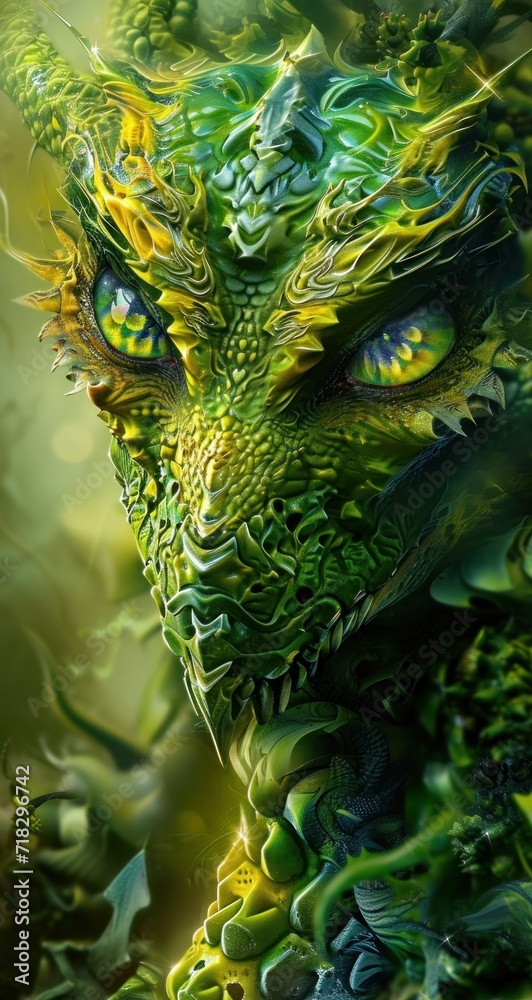  a painting of a green dragon with blue eyes and green leaves on it's head, with the eyes of a green dragon with blue eyes and green leaves on its head.
