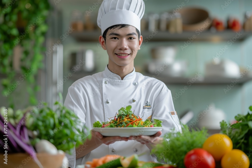 Young asian chef presenting a gourmet dish in a restaurant kitchen, surrounded by fresh herbs
Young asian chef presenting a gourmet dish in a restaurant kitchen, surrounded by fresh herbs