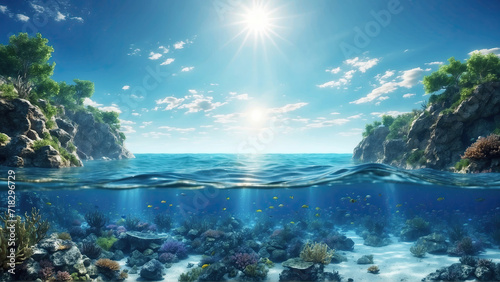 The ocean water line separates the sky and underwater with a tropical rocky shore above the waterline and sandy corals underwater. Bright sunshine and blue clear sky.