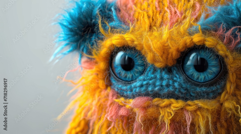 a close up of a stuffed animal that looks like a monster with blue eyes and multicolored fur on it's head and a gray background with a white backdrop. a close up of a stuffed animal that looks like a monster with blue eyes and multicolored fur on it's head and a gray background with a white backdrop.