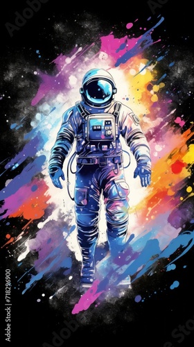 Vibrant watercolor of Astronaut floating in space with colorful nebula background. Concept of space exploration, astronautics, aquarelle art, cosmic. Vertical format