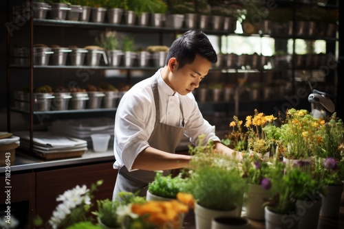 Young asian chef presenting a gourmet dish in a restaurant kitchen, surrounded by fresh herbs 