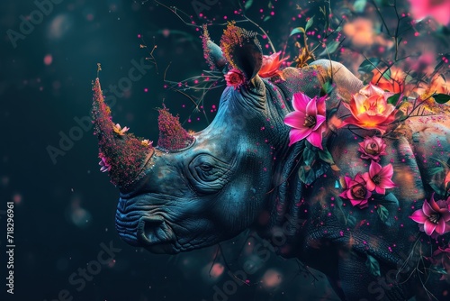  a painting of a rhino with flowers on it s head and a crown on it s head  in front of a black background with pink and yellow flowers.
