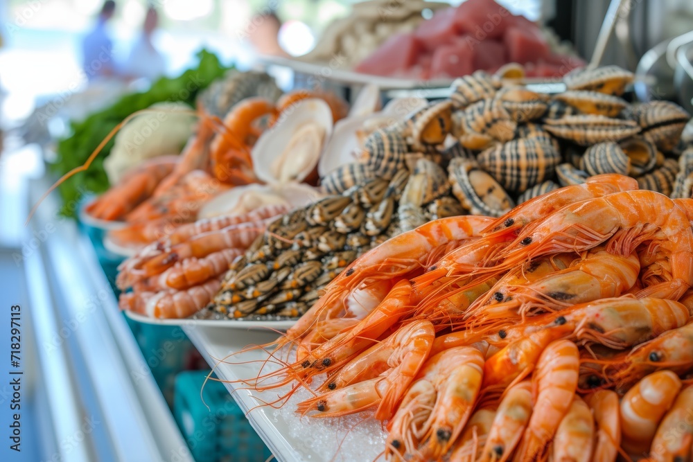 seafood on the showcase on the blue sea background