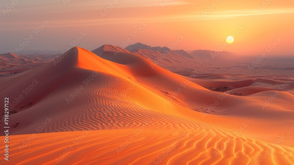  the sun sets over a desert landscape with sand dunes in the foreground and a mountain range in the distance, in the distance, in the distance is a distant horizon.