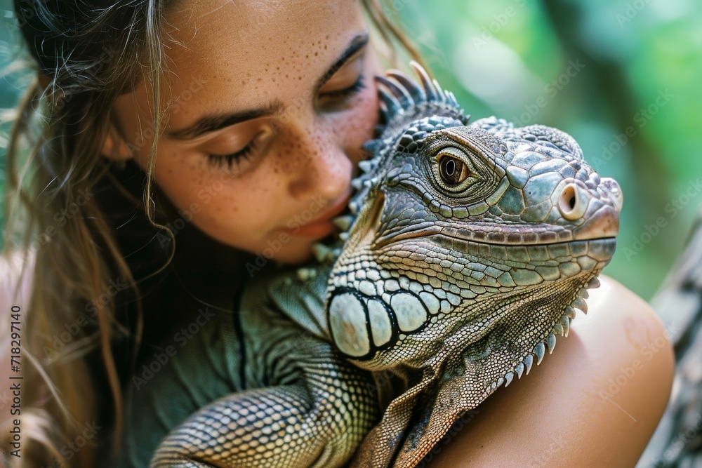 Fototapeta premium A young woman basks in the warmth of the sun, her human face reflecting the scaled beauty of the iguana she holds in her hands, a perfect union of person and reptile in the great outdoors