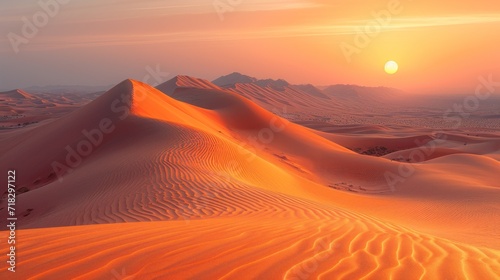  the sun sets over a desert landscape with sand dunes in the foreground and a mountain range in the distance  in the distance  in the distance is a distant horizon.