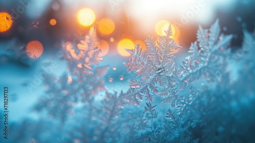  a close up of a bunch of snow flakes on a window sill with a blurry background of a street light and a blurry boke of lights in the background.