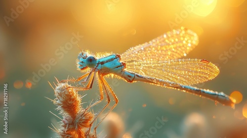  a close up of a dragonfly on a plant with water droplets on it's wings and wings, with a blurred background of orange and yellow lights in the background.