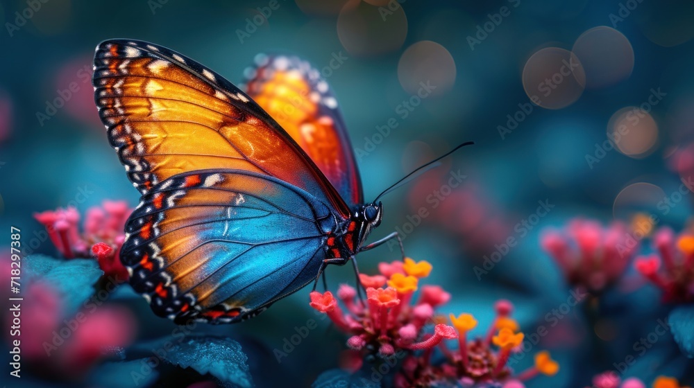 a close up of a butterfly on a plant with pink and yellow flowers in the foreground and a blurry background of blue and pink flowers in the foreground. a close up of a butterfly on a plant with pink and yellow flowers in the foreground and a blurry background of blue and pink flowers in the foreground.