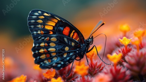  a close up of a butterfly on a flower with orange and yellow flowers in the foreground and a blurry background of orange and yellow flowers in the foreground. © Jevjenijs