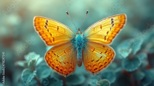  a close up of a yellow butterfly on a plant with blue flowers in the foreground and a light blue sky in the background, with a blurry background.
