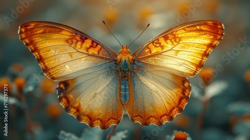  a close up of a butterfly on a plant with orange and blue flowers in the background and a blurry image of the back of the butterfly's wings.