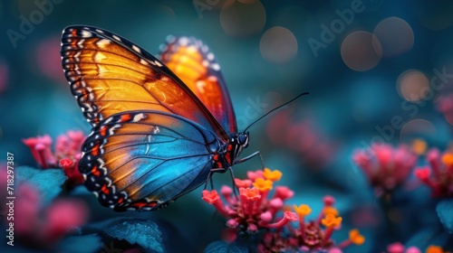  a close up of a butterfly on a plant with pink and yellow flowers in the foreground and a blurry background of blue and pink flowers in the foreground. © Jevjenijs
