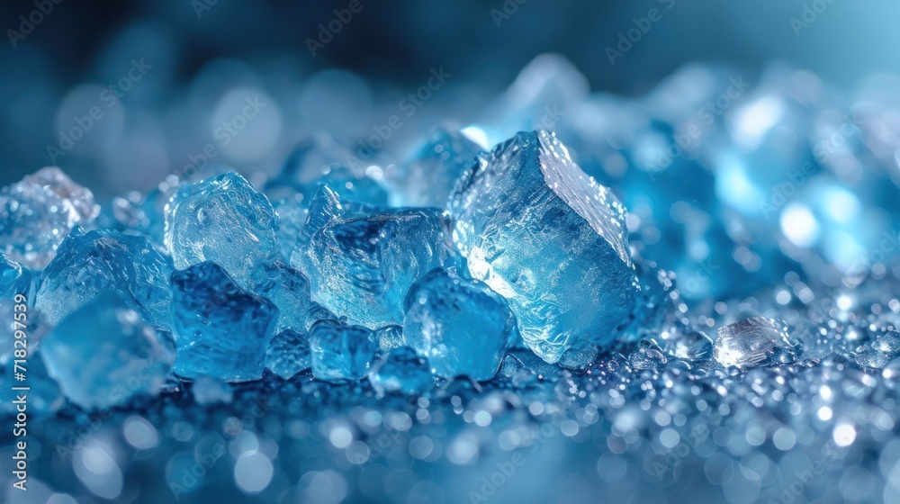 a pile of blue ice crystals sitting on top of a blue and white table cloth with water droplets on top of the ice and on top of the ice crystals. a pile of blue ice crystals sitting on top of a blue and white table cloth with water droplets on top of the ice and on top of the ice crystals.