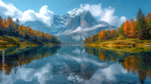  a mountain is reflected in the still water of a lake with trees in the foreground and a blue sky with white clouds in the upper half of the image. © Jevjenijs