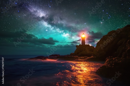 Amazing starry night above shore with glowing lighthouse