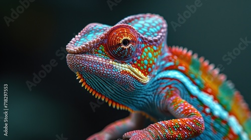  a close - up of a colorful chamelon's head and body, with multi - colored patterns on it's body, on a black background. © Jevjenijs