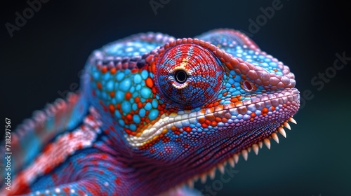  a close up of a colorful chamelon's head with a blue, red, and yellow pattern on it's body and it's head.