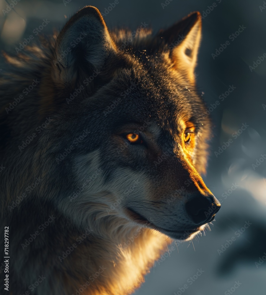  a close up of a wolf's face with the sun shining on it's face and behind it is a blurry image of the wolf's head.