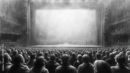  a black and white photo of a stage with a large group of people in the middle of the stage and a large crowd of people in the middle of the stage.