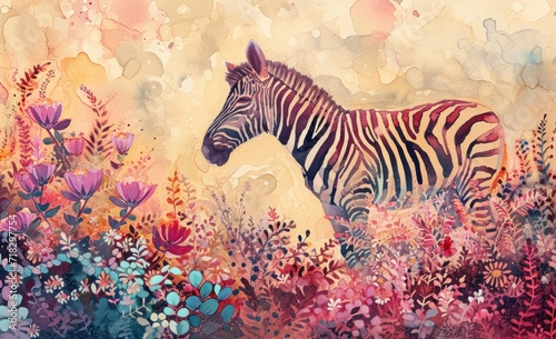  a painting of a zebra standing in the middle of a field of wildflowers and other wildflowers  with a yellow background of pink and purple flowers.