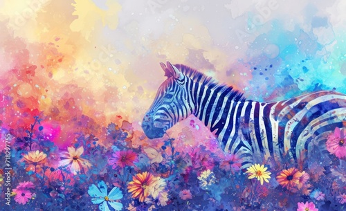  a painting of a zebra standing in the middle of a field of wildflowers with a multicolored background of watercolors and pink, blue, yellow, orange, pink, purple, and yellow, and white.