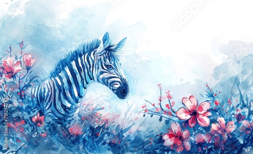  a watercolor painting of a zebra in a field of flowers with blue sky in the background and red flowers on the right side of the zebra's head. © Jevjenijs
